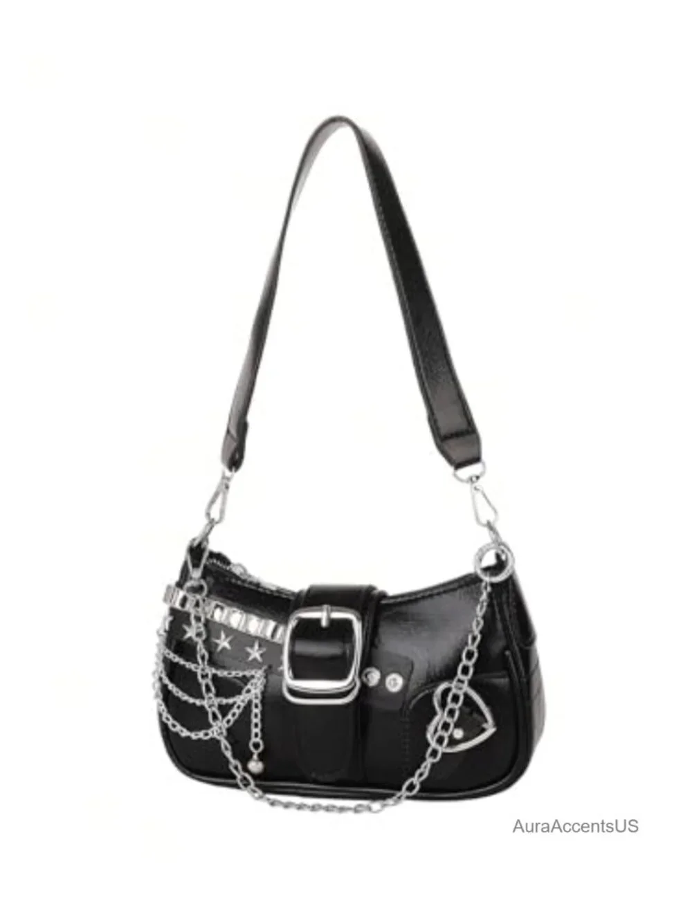 Y2K Star Embroidery PU Leather Chain Hobo Handbag Top Zipper Closure